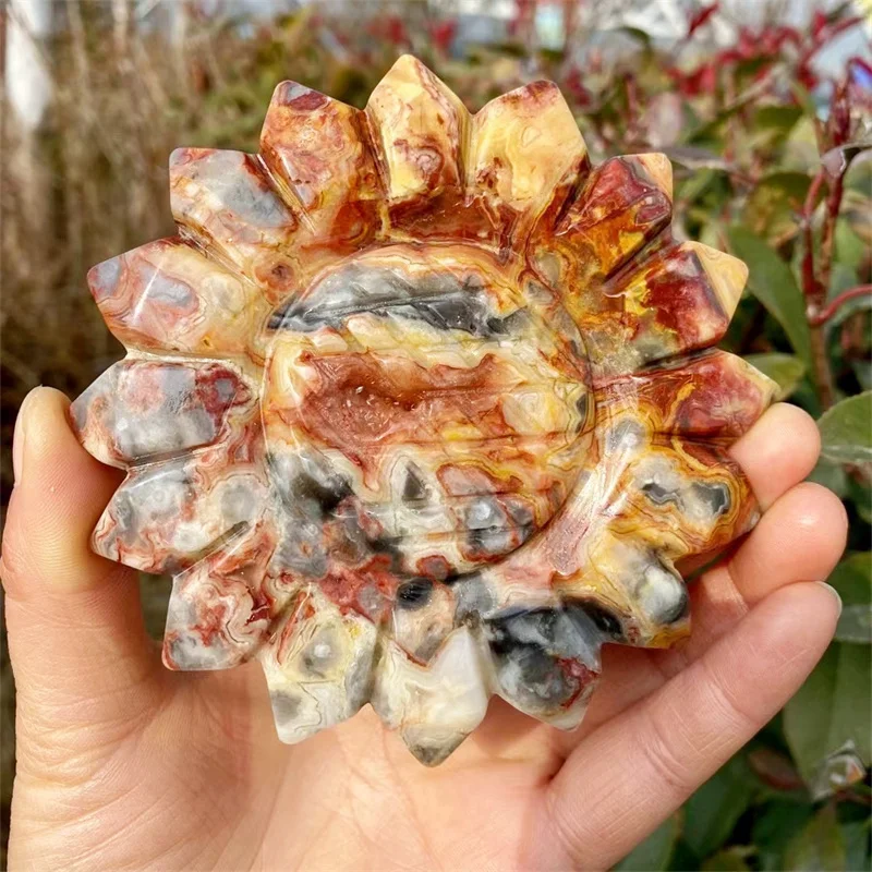 Natural Crazy Agate Sunflower Carving Healing Fengshui For Childrens Room Birthday Gift Ornament 1pcs