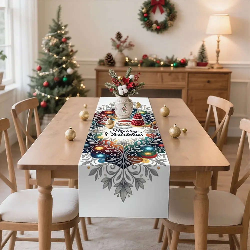 Linen Table Runner Off White with a Christmas Raccoon in Santa Hat  Lights Playful Holiday Table Decor