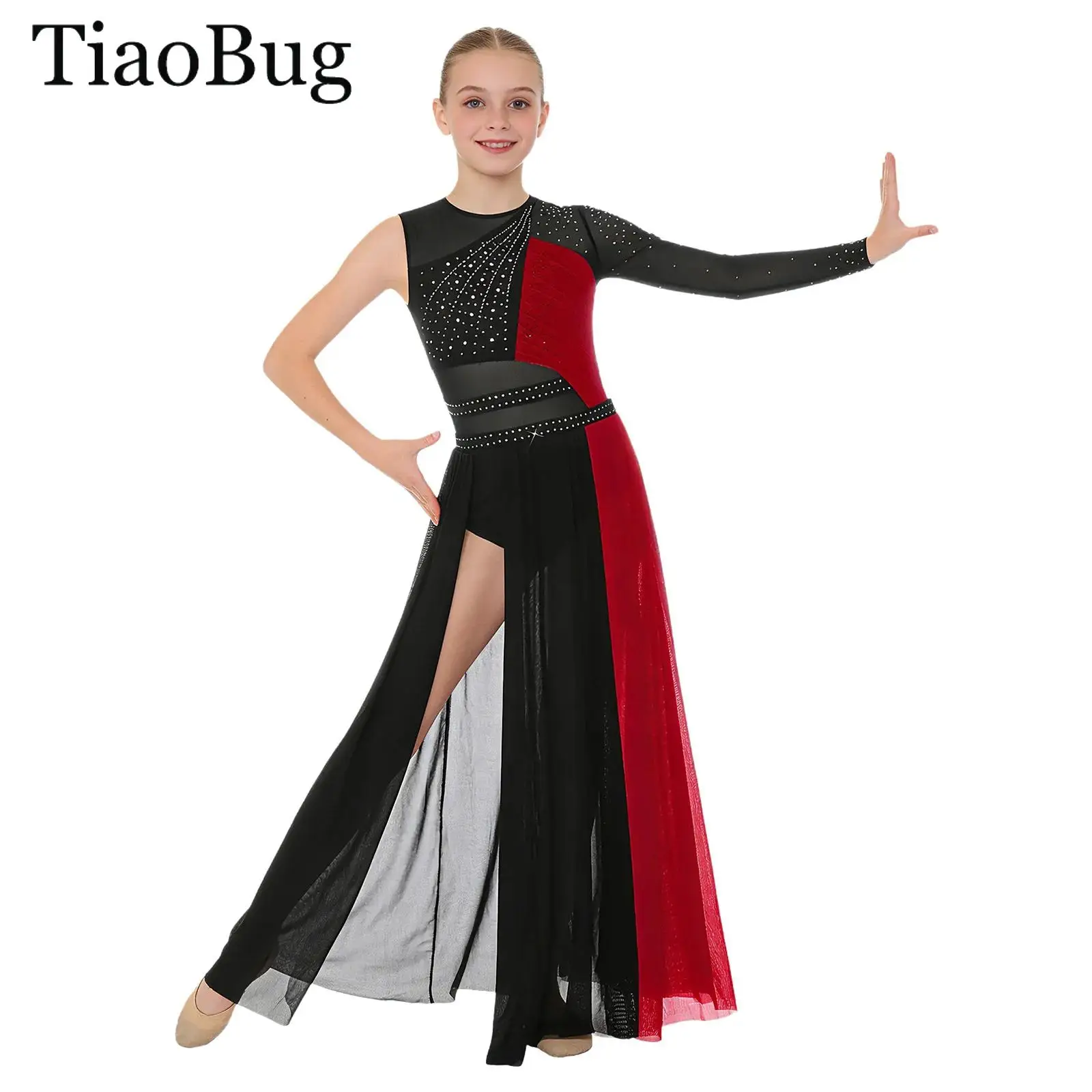 

Детское гимнастическое балетное трико для девочек, лирическое танцевальное платье, сетчатое платье со стразами и разрезом по бокам, современное платье для фигурного катания на коньках