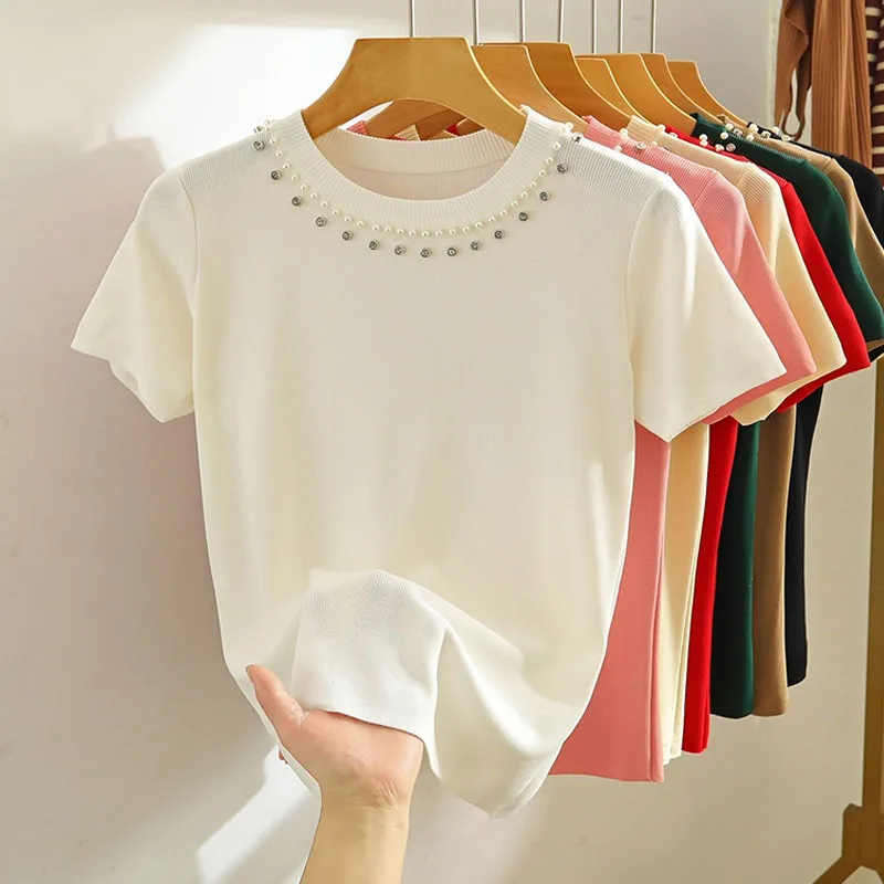 

Вязаный свитер, женские пуловеры, новый вязаный свитер с коротким рукавом и круглым вырезом, расшитый бисером, пуловер, женские топы, свитера Sueters De Mujer Q1307