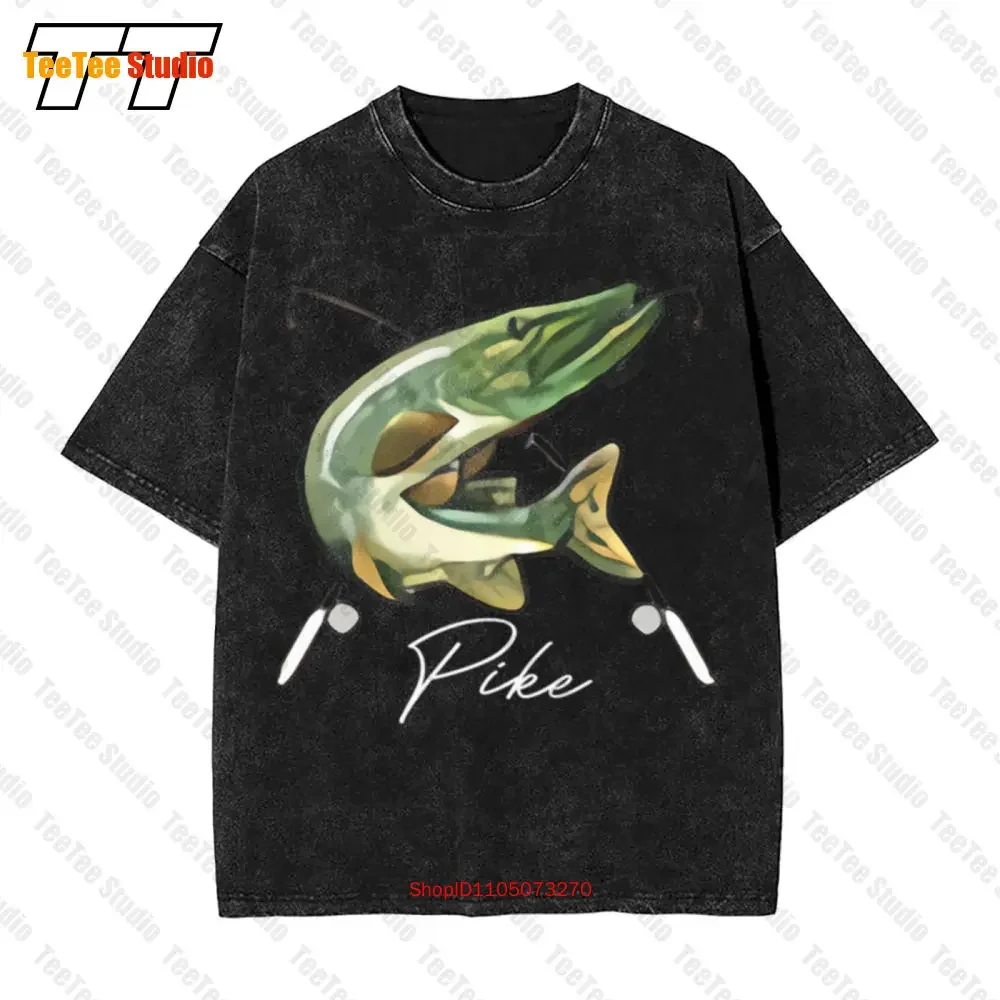 Fishing Fishermen Pike Jumping After Lure 2 Sides Vintage Oversized T-Shirt AWLO