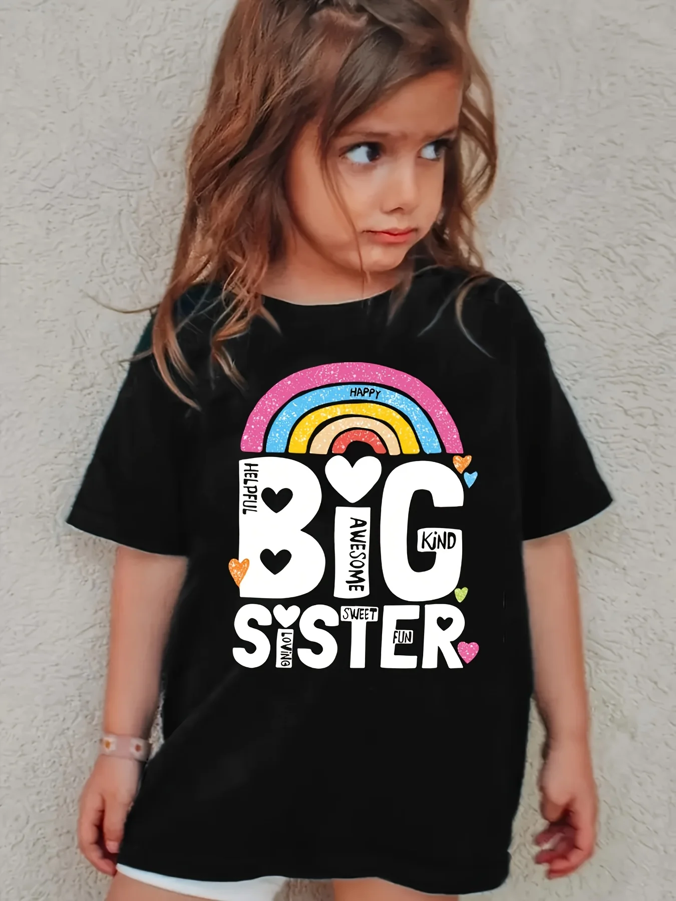 

"Big Sister" Letter Children Summer Print T-Shirt - Casual comfortable Crew Neck Alphabet Pattern Short Sleeves for Summer