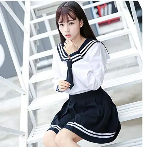 Elibelle Japanese School Girls Uniform Sailor Navy Blue Pleated Skirt Anime Cosplay Costumes with Socks set