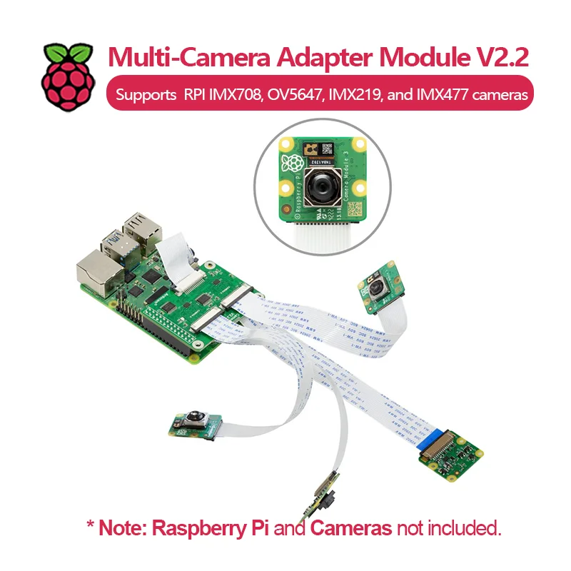Módulo adaptador multi-câmera V2.2, suporta módulo de câmera Raspberry Pi 3 (12MP IMX708), 5MP OV5647, 8MP IMX219 e 12MP IMX477