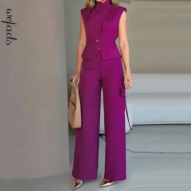 Wefads Two Piece Set Summer Women Elegant Solid Sleeveless Nipped Waist Lapel Top Loose Wide Legs Cargo Pants Sets Streetwear