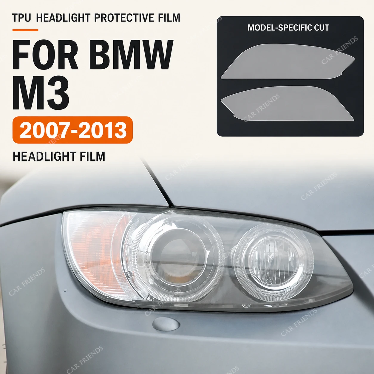 bmw-m3-e90-e92-e93-2007-2013-gts-crt用カスタムフィットプレカットスモークブラックtpuヘッドライト保護フィルム2枚セット-自動車外装用