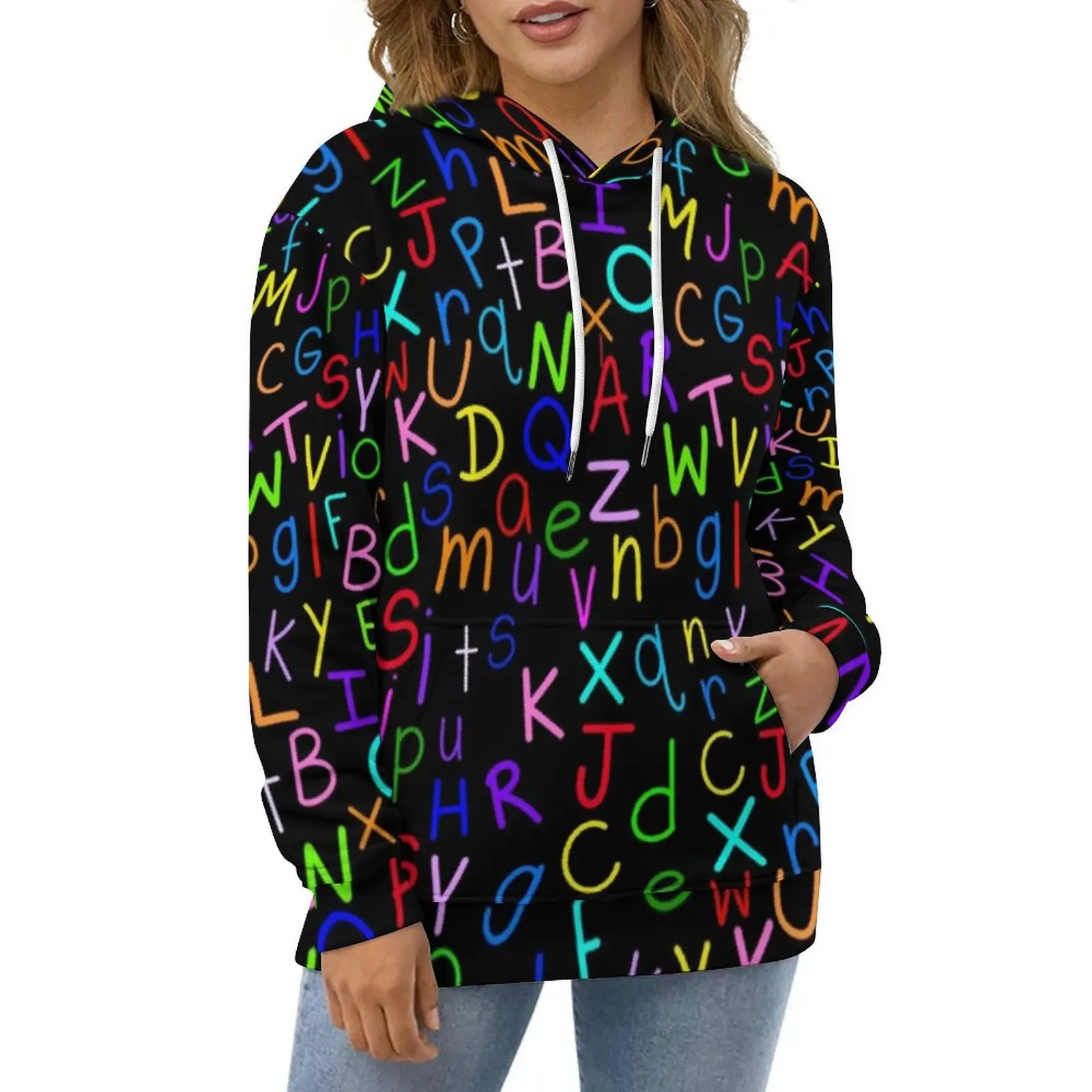 Colorful Letter Print Hoodies Alphabet Soup Classic Oversized Hoodie Women Long-Sleeve Cute Graphic Casual Hooded Sweatshirts