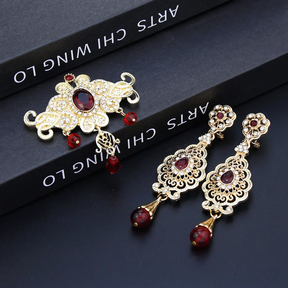 Sunspicems Unique Moroccan Jewelry Brooch Earring Set For Women Gold Color Arabic National Style Caftan Brooch Drop Earring