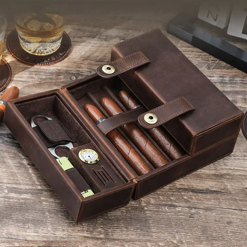 7 Slot Cigar Humidor Box Leather Cigar Case Portable Travel Cigar Leather Case Coffee Color with Moisturizing Agent Slot