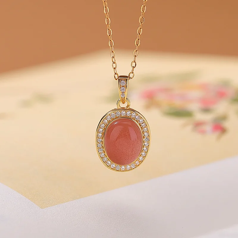 S925 Sterling Gold-Plated Red Amber Inlaid Geometric Cabochon Versatile Silver Pendant