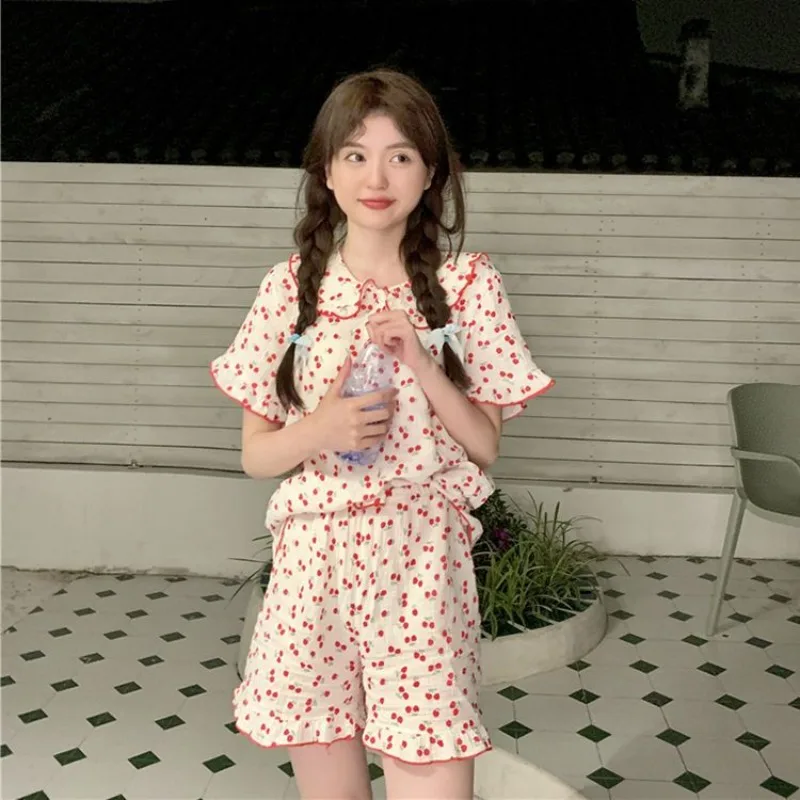 Cherry Sleepwear Shorts Women Pajamas Sets Summer Korean Piiama Sets for Women 2 Pieces Peter Pan Collar Night Wears Home Suit