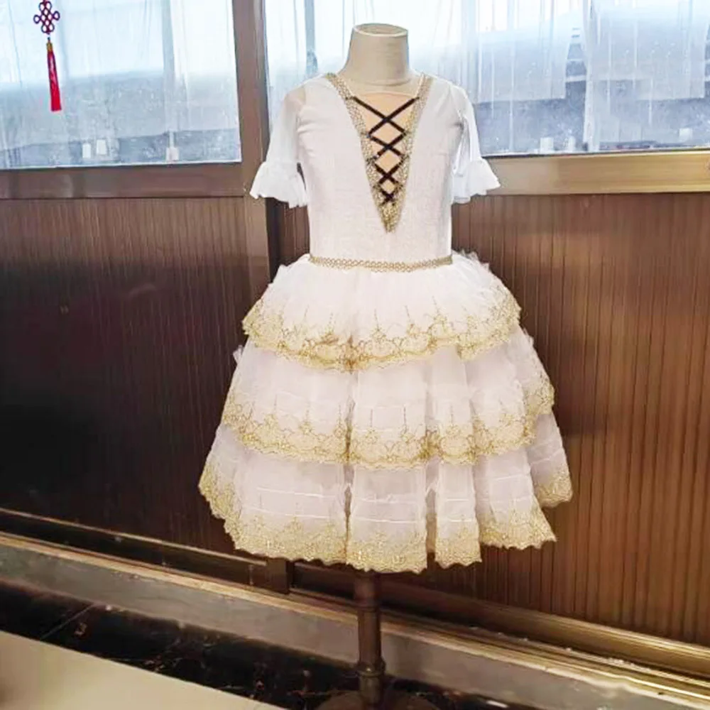 

Girls Spanish Ballet Dress Quixote Performance Stage Costume White Gold Balet Skirt Drop Shipping