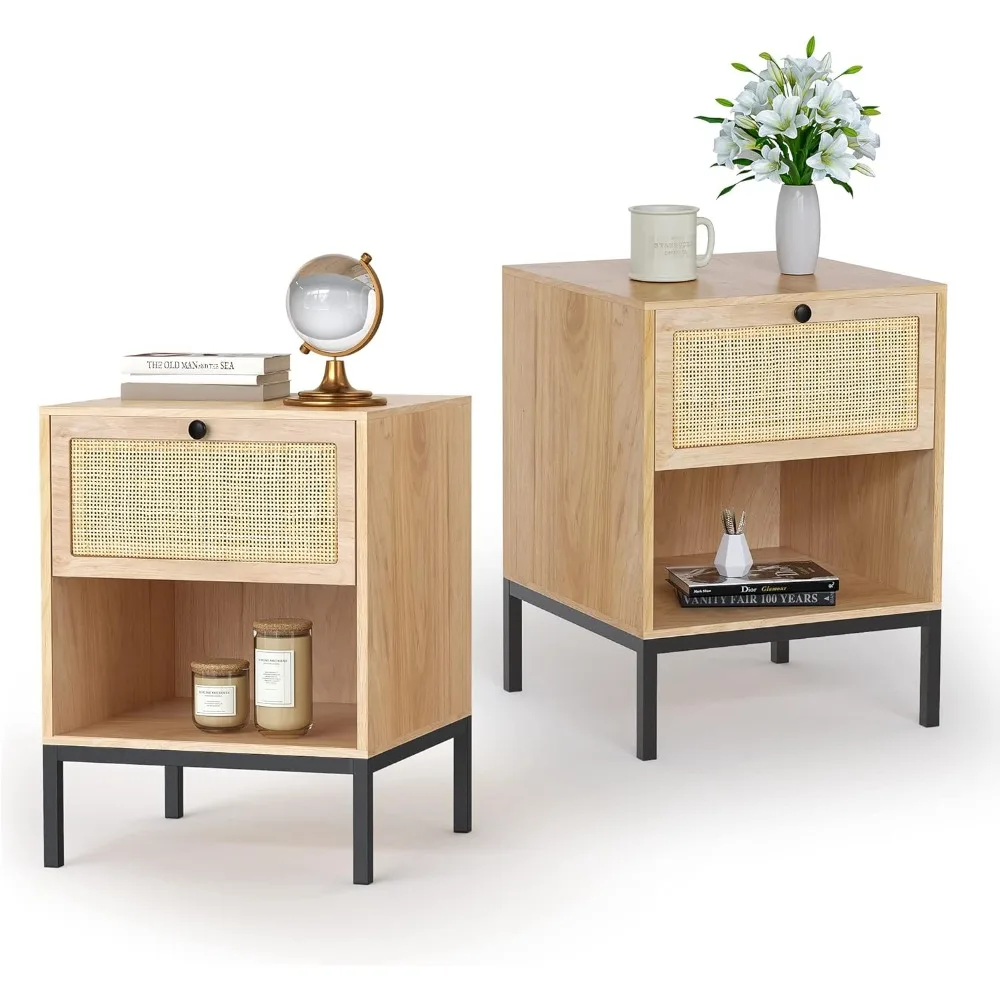 

Rattan Nightstand Set of 2, Boho Bedside Table with Natural Rattan Decorated Drawers and Open Shelf, Small Farmhouse Nigh