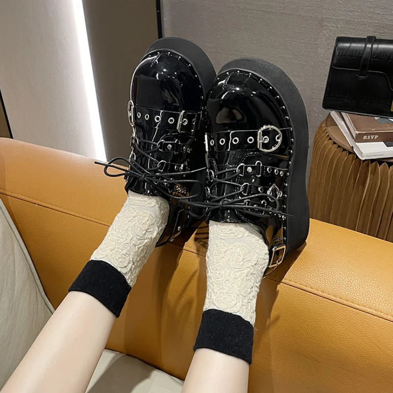 2024 New Rivet Chunky Platform Mary Janes Women Lace-Up Buckle Thick Bottom Flats Woman Japanese Style Punk Gothic Shoes Girls