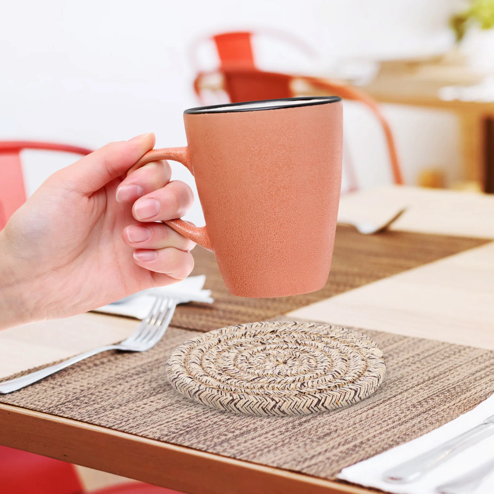 

1Set Boho Style Rope Woven Round Cotton Coasters Absorbent Coffee Cup Mats with Storage Holder Decorative Table Placemat