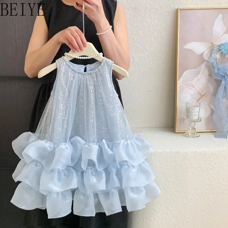 

Princess Girls Mesh Vest Fluffy Dress Summer 2026 New Children's Light Luxury Sweet Dress Sleeveless Casual Loose Dress