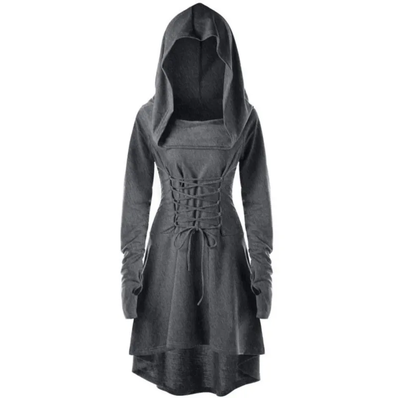 Impreza z okazji Halloween długa bluza z kapturem sukienka średniowieczny Cosplay renesansowy łucznik kostiumy szata z kapturem zasznurowany sweter płaszcz Party Vestidos