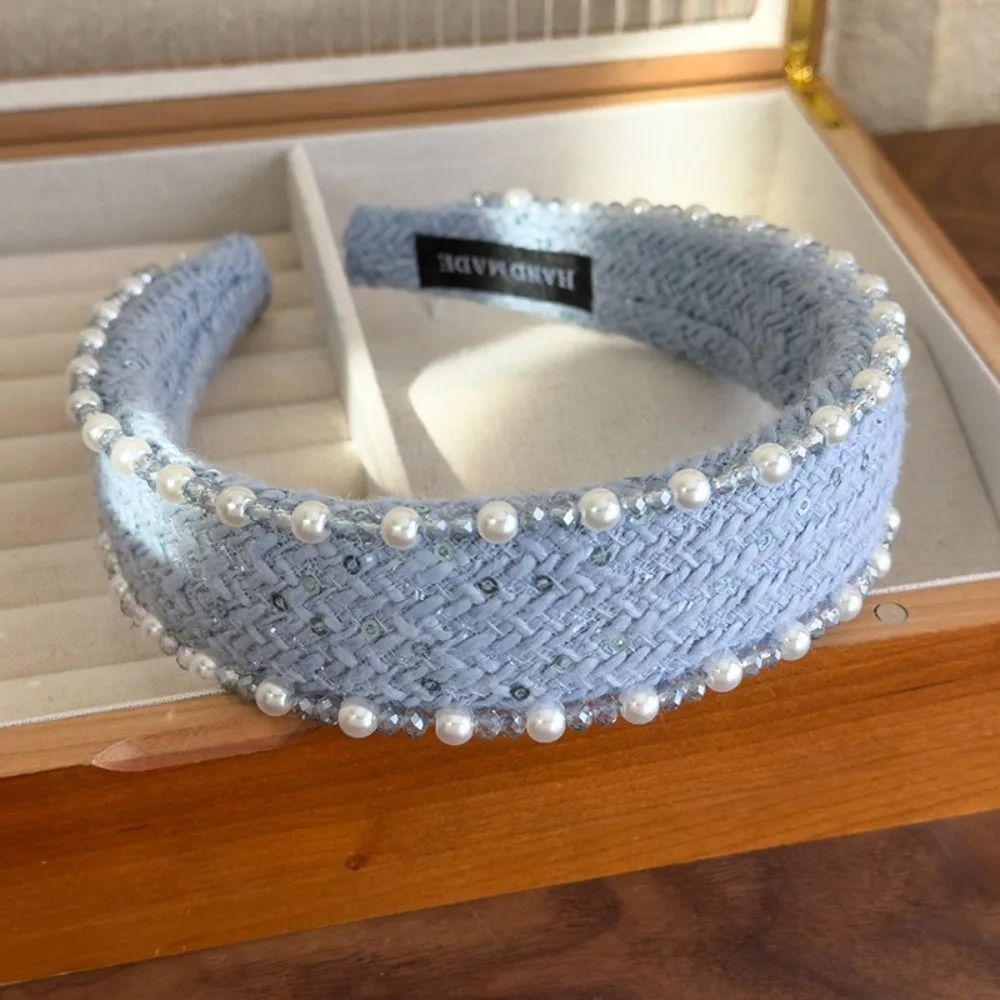 

Sweet Pearls Cloth Hair Hoop Rose Print French Style Beads Crystal Headband Headpiece Wide Side Beige Blue Hair Band Outdoor