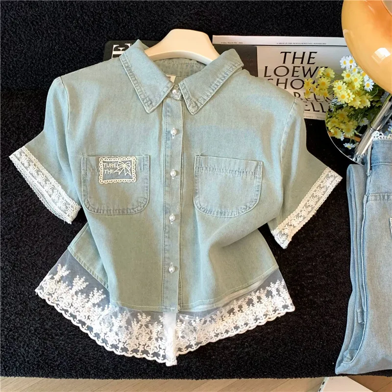 

Summer Fashion Lace Stitching Short Sleeve Slim Thin Denim Shirt Jacket Female Lapel Single-Breasted Short Sleeve Denim Jacket