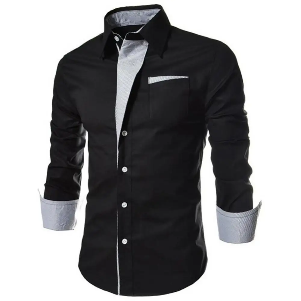 Fashion Men Shirt Stand Collar Long Sleeve Shirt Color Block Button Up Shirt Slim Fit Top