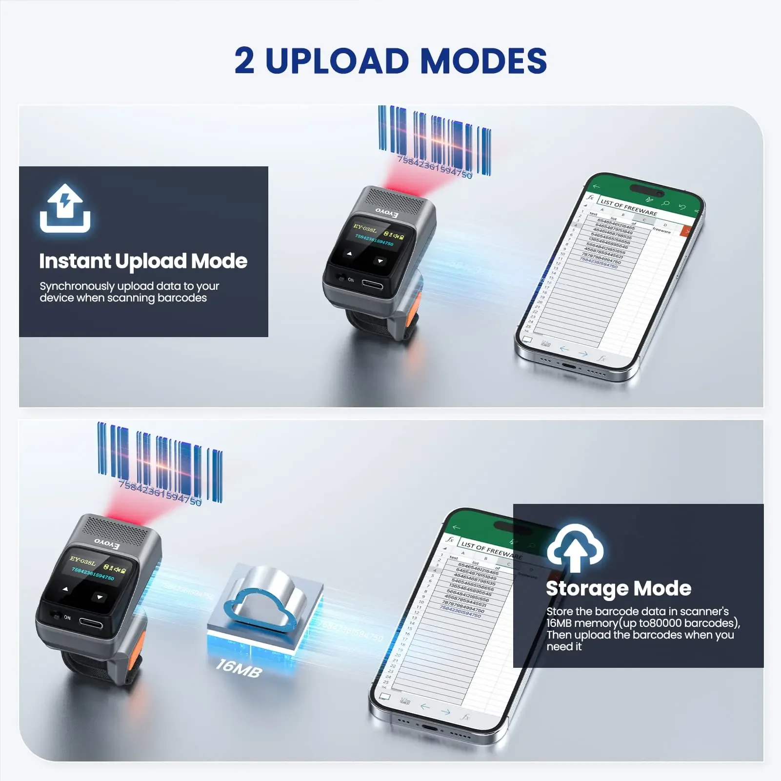 Eyoyo EY-038L Tragbarer Laserscanner, 1D-Bluetooth-Mini-Barcodeleser, Hochgeschwindigkeitscanning für iOS/Android und beidhändiges Design