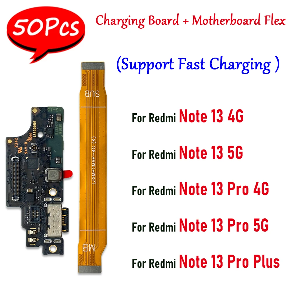 

50Pcs，USB Micro Charger Charging Port Dock Main FPC LCD Display Connect Mainboard Flex Cable For Redmi Note 13 Pro Plus 4G 5G