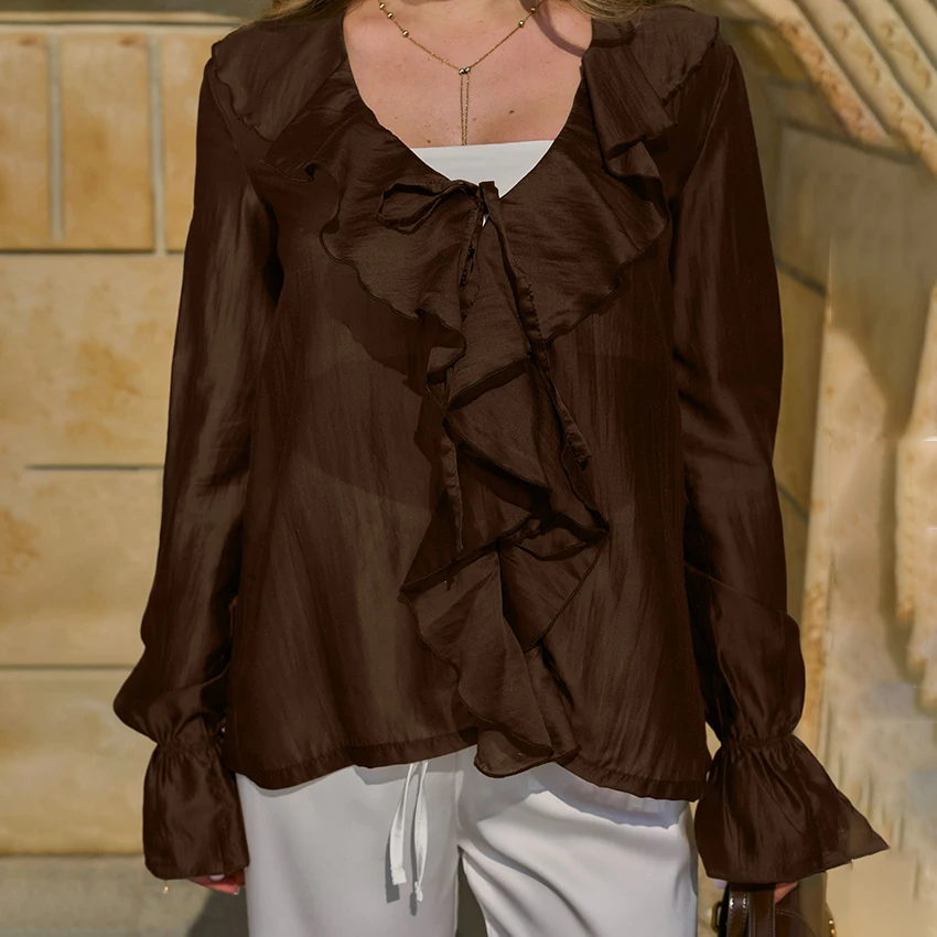 

Linad Casual Brown Ruffles Woman Blouse Summer Sexy Sheer Flare Sleeve Tops Female Street Chic Lace Up Tops Women 2025 Autumn