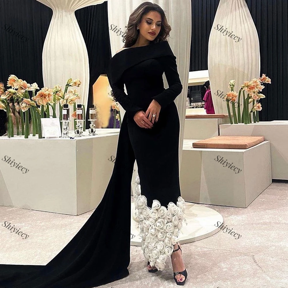 Shiyiecy Black 3D Flowers Evning Dress Saudi Arabia Boat Neck Long Sleeves Staight Prom Gowns 2024 Formal Occasion Dress Custom