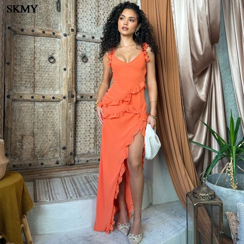 

SKMY Fashion Summer Dresses 2024 Orange New Dress U-neck Ear Edge Slimming Bareback Split Long Dress