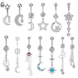 Surgical Steel Dangle Belly Button Ring Moon Star Chain Navel Ring Piercing for Women Zircon Body Piercing Nombril Jewelry