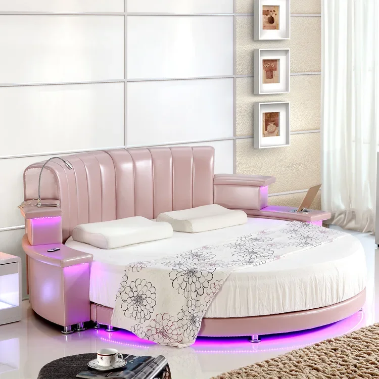 Bedroom Furniture Round Leather Bed LED Light Hotel Round Bed, Audio Double Bed, Fashion Music Bed CY006