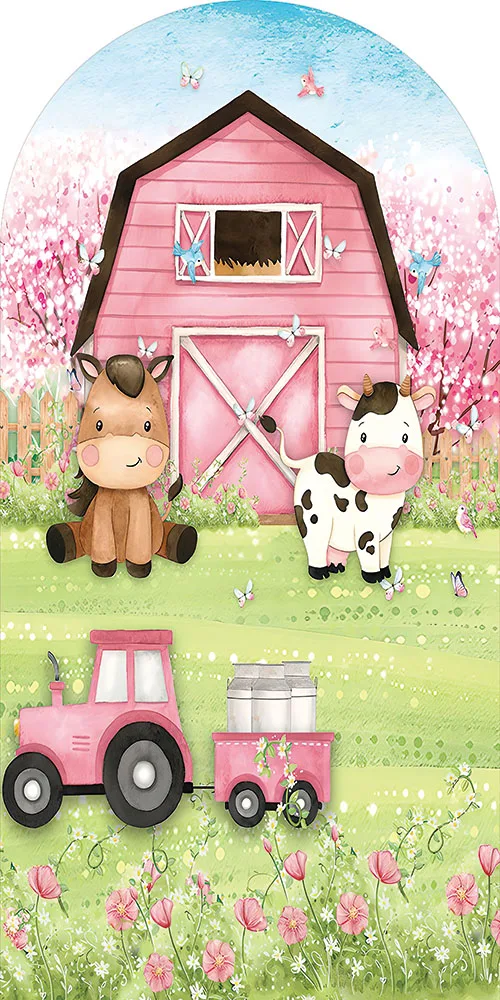 Mehofond Pink Barn House Arched Backdrop Cover Farm Rural Filed Baby Shower Party Cow Round Top Spandex Background Photozone