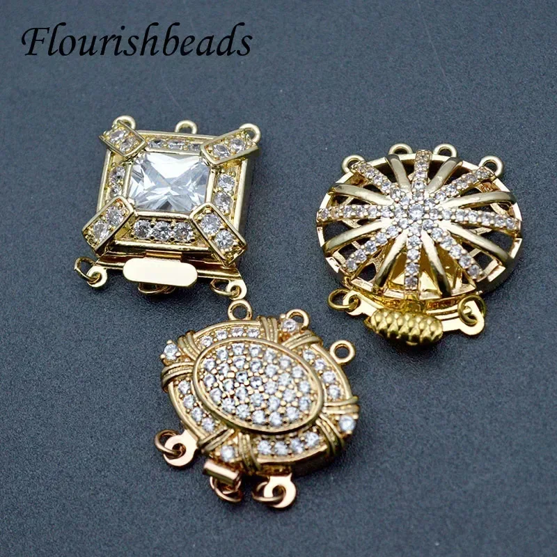 5set Luxury Multi Style Gold Color CZ Beads Paved Rectangle Box Clasp Metal Connectors for DIY Three Row Necklace Jewelry Making