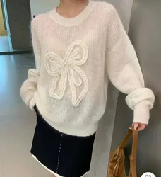 New 2024 Fashion Chic Autumn White Soft Mohair Knitted Sweater For Women O Neck 3D Large Bowknot Long Sleeve Loose Pullover Tops