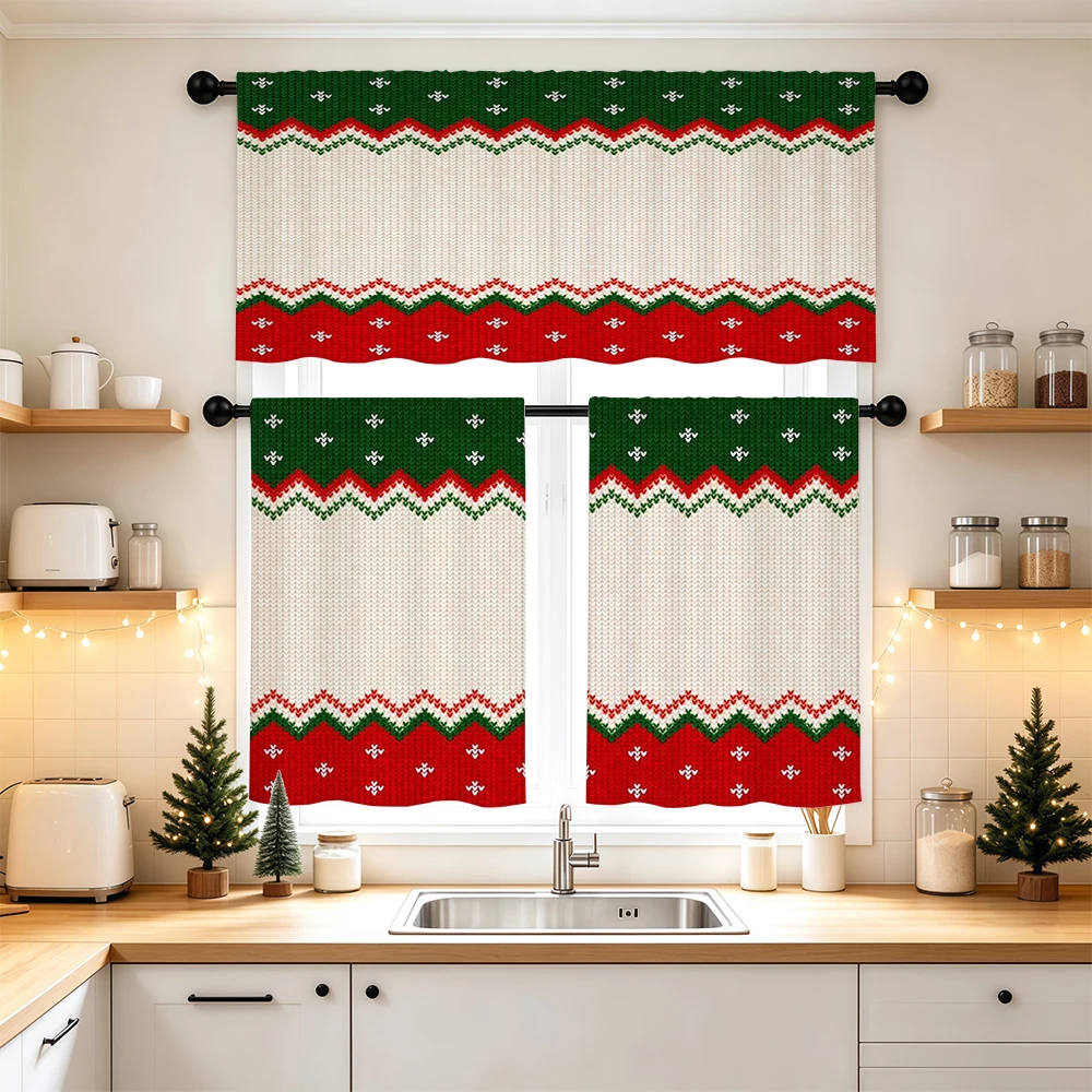 Christmas Kitchen Curtains, Ivory Knit Red Green Zigzag, Digital Print, Kitchen Dining Room, Rod Pocket Polyester, Home Decor