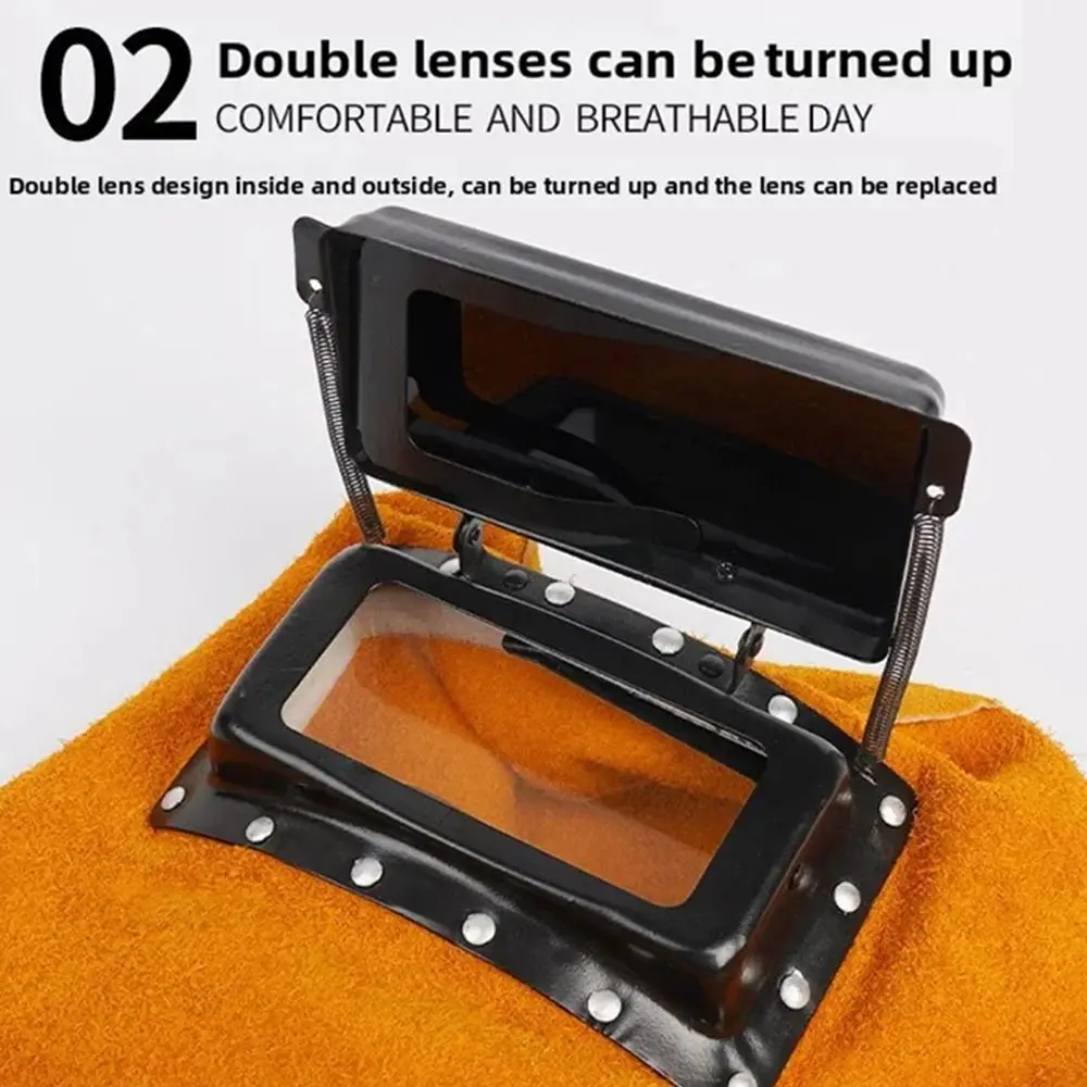 Flip Open Lens Welding Helmet Mask Durable Breathable Leather Welding Hood Flame-Resistant Heat Resistant