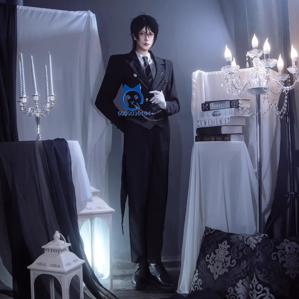 

Hot Black Butler Cosplay Costume Anime Sebastian Michaelis Role Playing Black Uniform Outfit Men Comic Con Halloween Party Wig