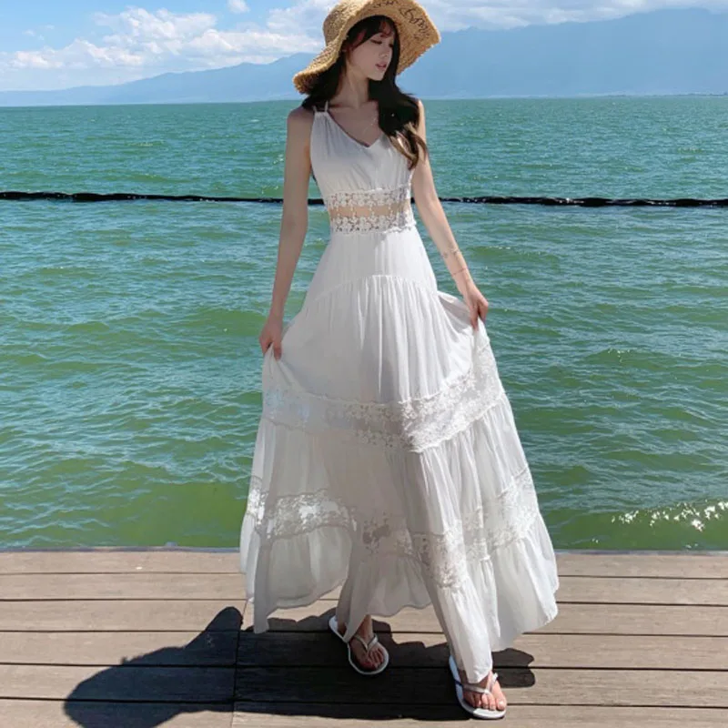 

Сексуальное тонкое праздничное длинное платье с v-образным вырезом и открытой спиной, новинка 2025, летнее модное повседневное пляжное длинное платье с открытой спиной и высокой талией