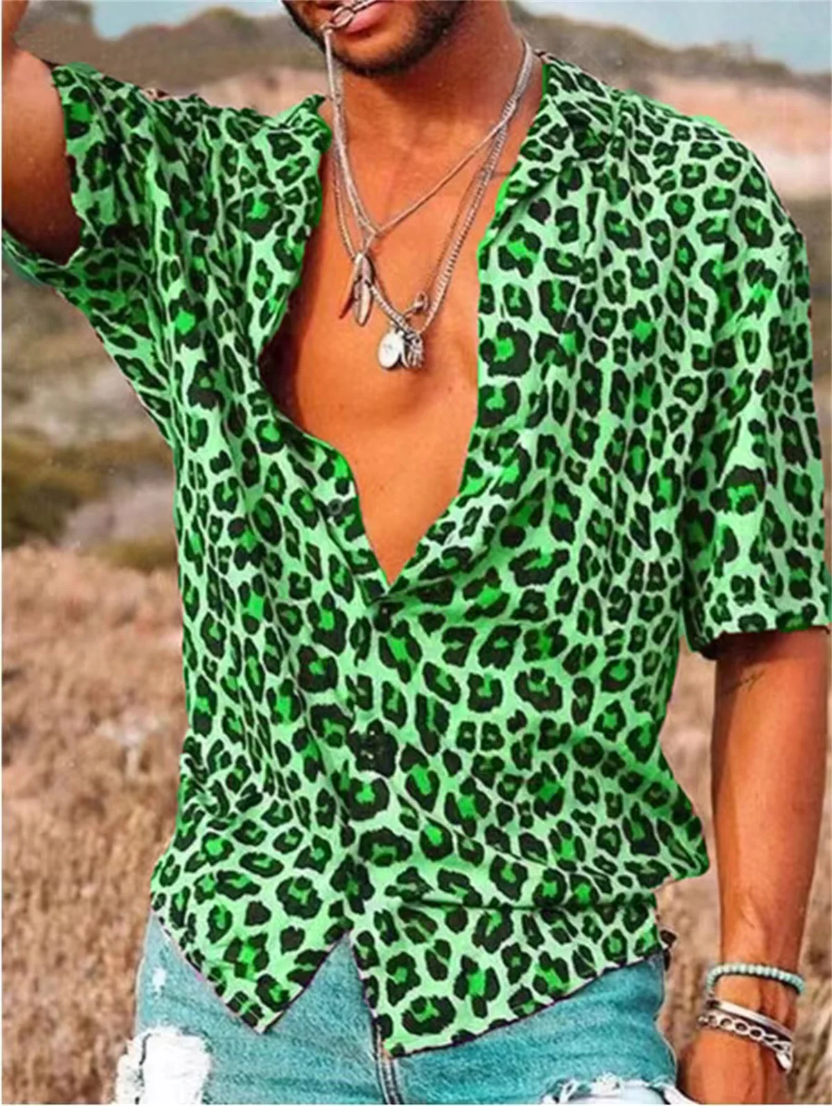 2024 new men\'s shirt leopard print print shirt Hawaiian daily short sleeved button comfortable casual men\'s clothing