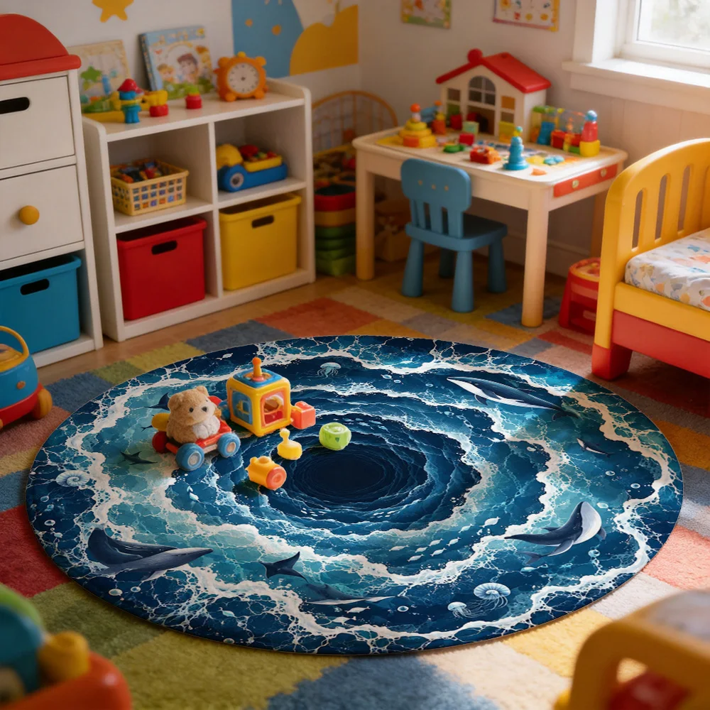 Vibrant Ocean Vortex Blue Sea Life Round Area Rug for Bathroom or Living Room Decor
