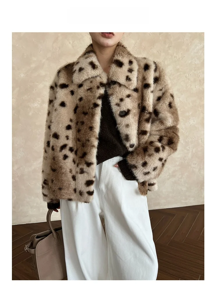 

ARETE AK Retro Sle Leopard Print ort Fur Coat for Women Ele Versatile Cool Classic Top Long Sve Loose Fit