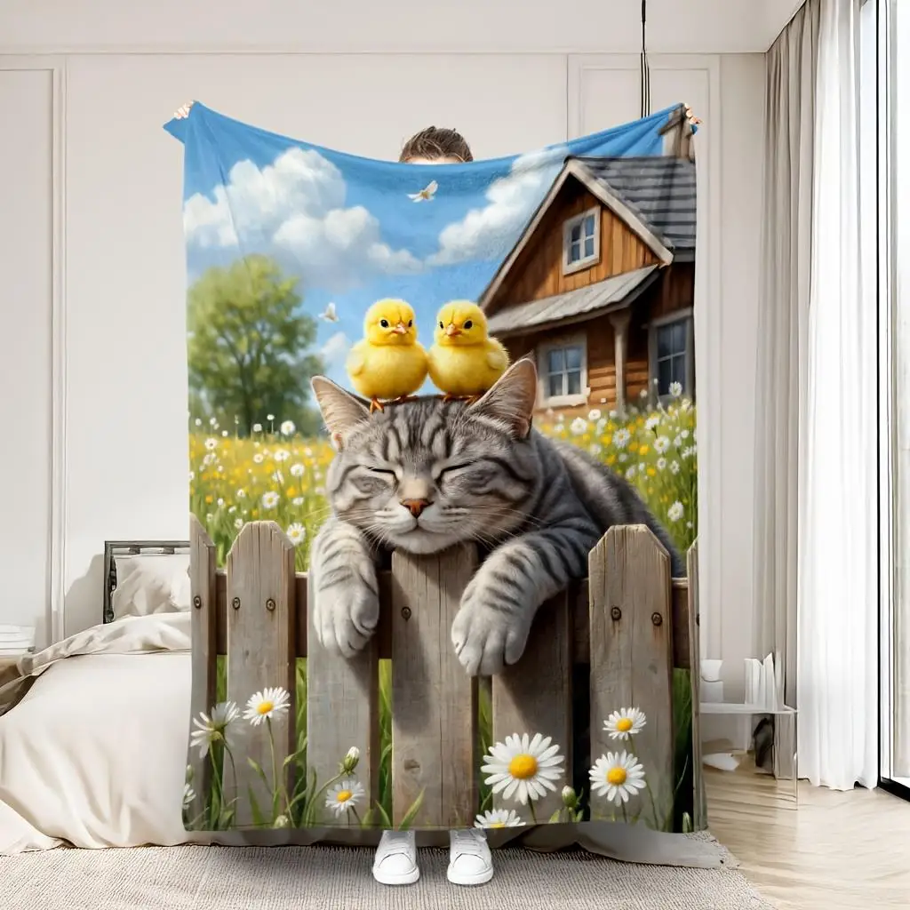 Adorable Cat and Yellow Chicks Spring Garden Throw Blanket Cozy Cottagecore Pet Family Animal Aesthetic Decor Bedding Gift Throw