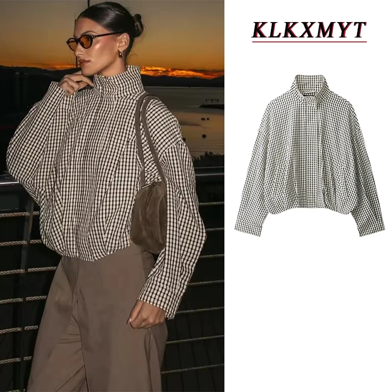 Damen Vintage Mode Karierte Gestreifte Jacke Stehkragen Langarm Reißverschluss Mantel Neue Elegante Schicke Oberbekleidung