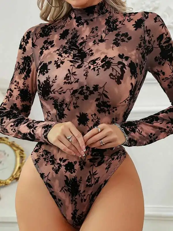 セクシーなフラワープリント透明レースボディスーツ背中の開いたディープ V サスペンダーノースリーブボディスーツ魅力的な純粋な欲望エレガント RB7O