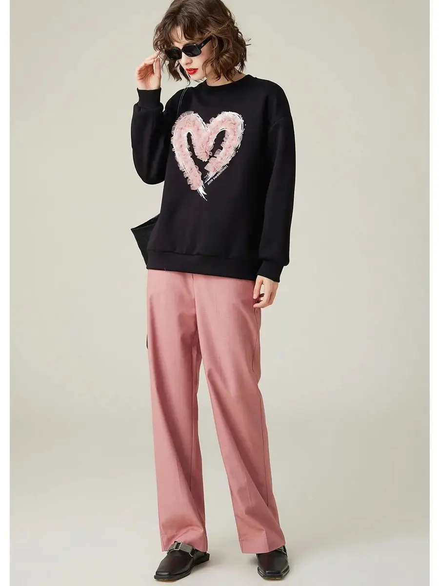 LOUIS YAO-Camisola feminina romântica plissada de coração de malha, elegante e arejada blusa solta com gola redonda, outono, 2023