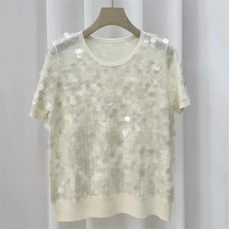 Bild 3: Damenpullover 2026 Frühling Neu Elastisch Gestrickt Figurbetont Kurzarm-Oberteil Wollmischung Pullover mit Pailletten-Dekoration Damen-T-Shirt