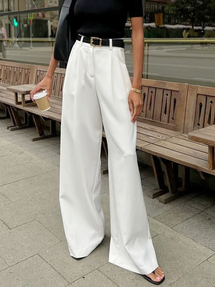 

Spring And Summer Pure White High-waisted Wide-leg Trousers Women's Temperament Commuting Non-elastic Versatile Casual Trousers