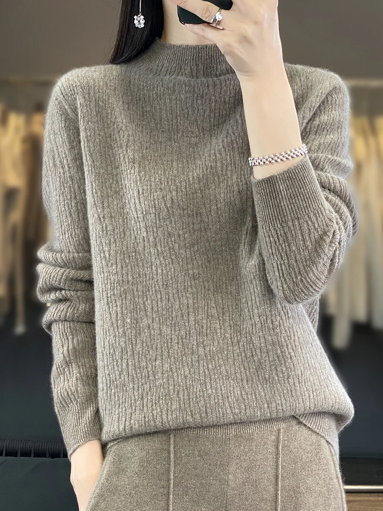 

Classic 100% Merino Wool Sweater Autumn Winter Women Mock Neck Gingham Knitted Pullover Casual Cashmere Clothing Tops