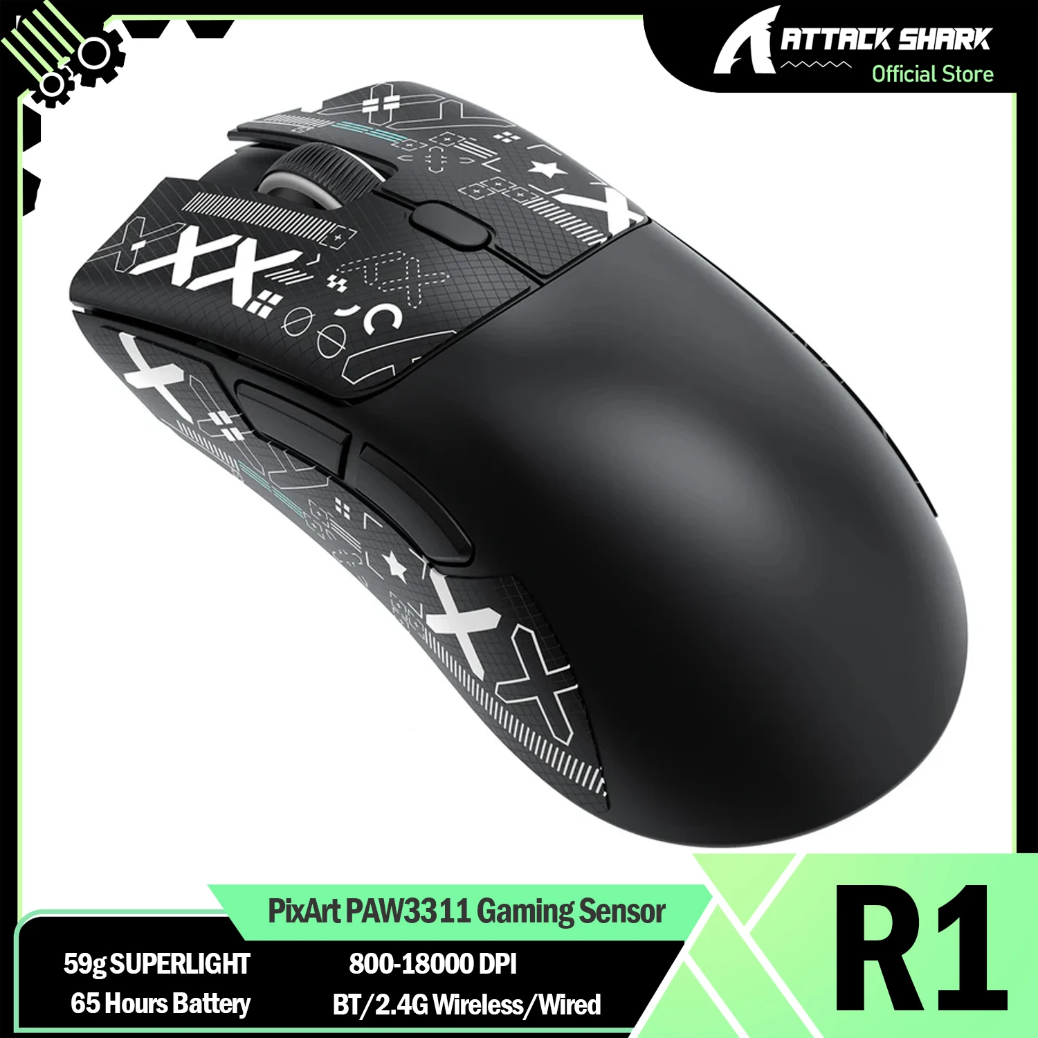 ATTACK SHARK R1 Wireless Gaming Mouse 59g SUPERLIGHT Mouse, PixArt PAW3311 Gaming Sensor, Bluetooth/2.4G Wireless/Wired