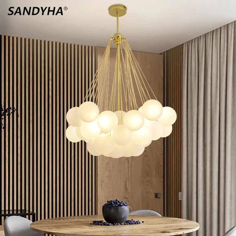 SANDYHA Nordic Frosted Glass Ball Chandeliers Gold Black Iron LED Pendant Lightings Children's Dinning Living Room Hanging Lamps